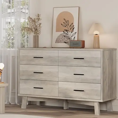 Dresser for Bedroom, 6 Drawer Wide Modern Chest of Drawers with X-Shaped Sturdy Base, Wood Double Dresser Closet
