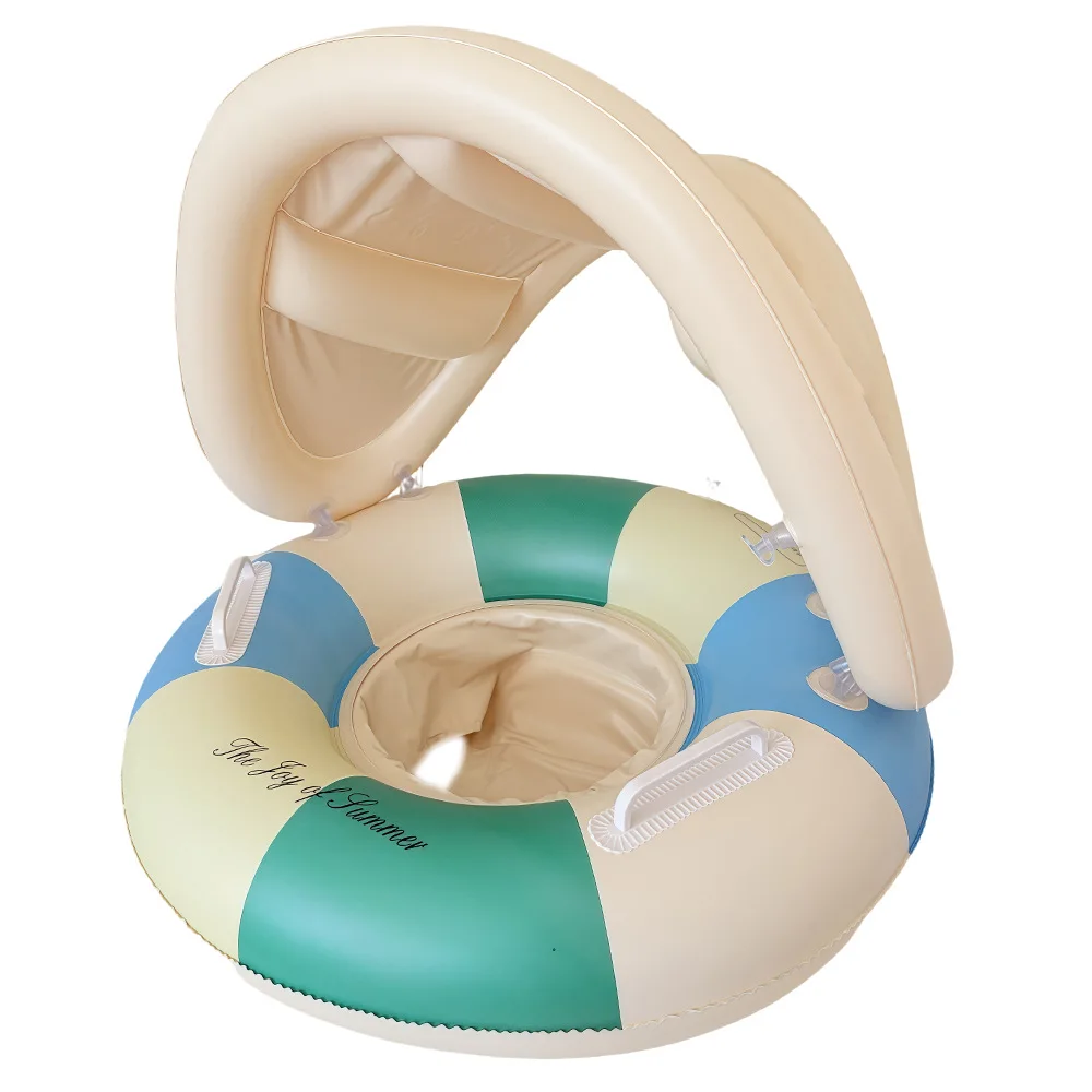 2026 Summer Beach Party Kids Swimming Ring Removable Sunshade Color Block Infant Baby Seat Float INS Viral Water Sitting Ring