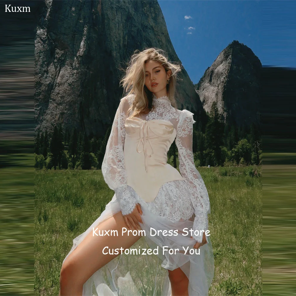 

Kuxm Modern A Line Wedding Dresses Bride Appliques High Slit High Neck Prom Gowns Fashion Floor Length Vestidos Customized