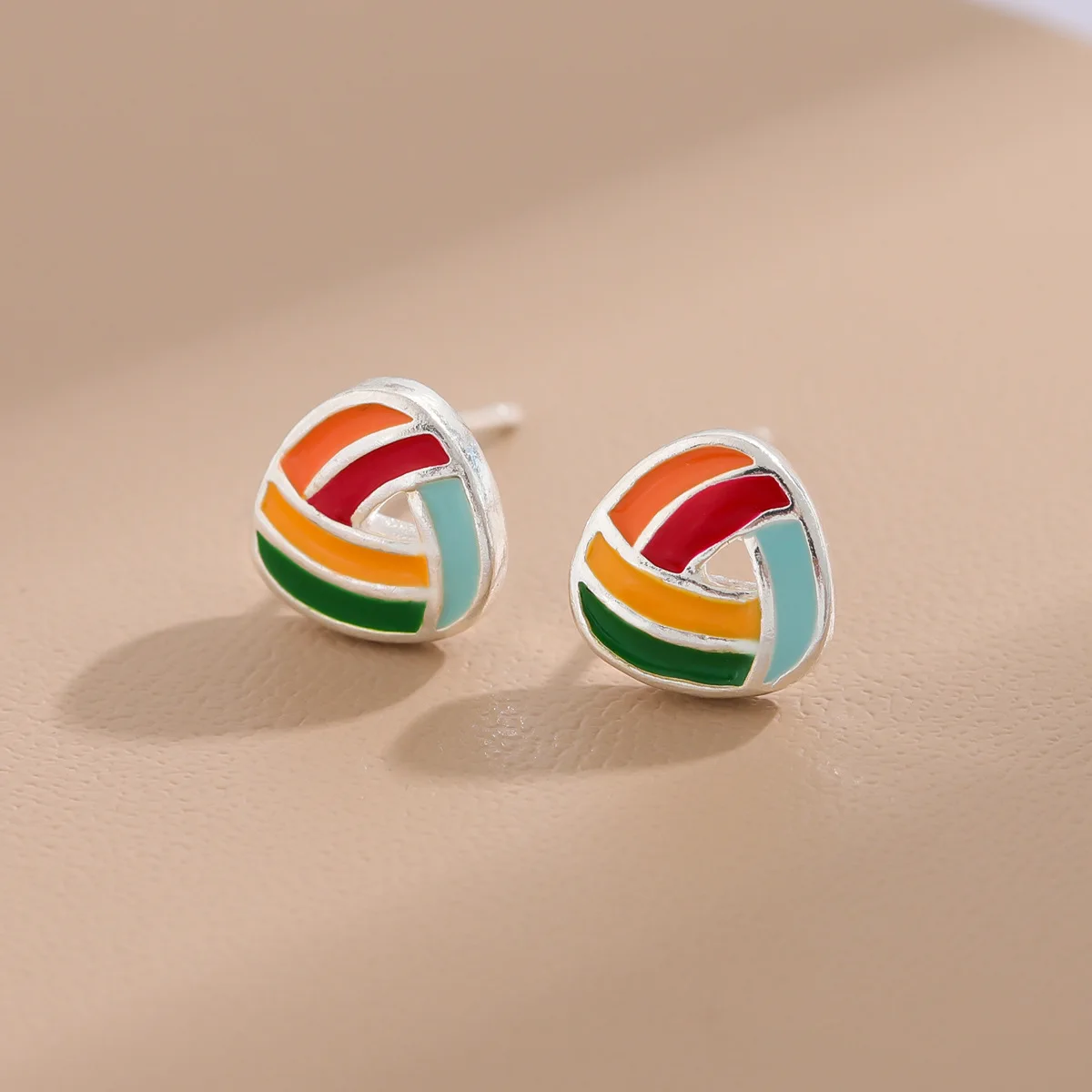 Fashion Creative Rainbow Candy Color Triangle Yarn Ball Geometric 925 Sterling Silver Personality Stud Earrings E193