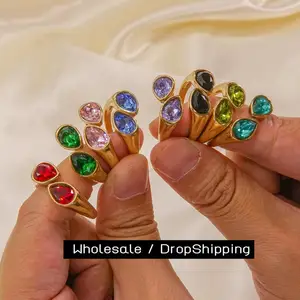 CARLIDANA Cincin Terbuka Zirkonia Baja Titanium Mewah untuk Wanita Perhiasan Cincin Zirkon Tetesan Air Baja Tahan Karat Berlapis Emas 14K 6 cincin platinum penjualan terbaik - №