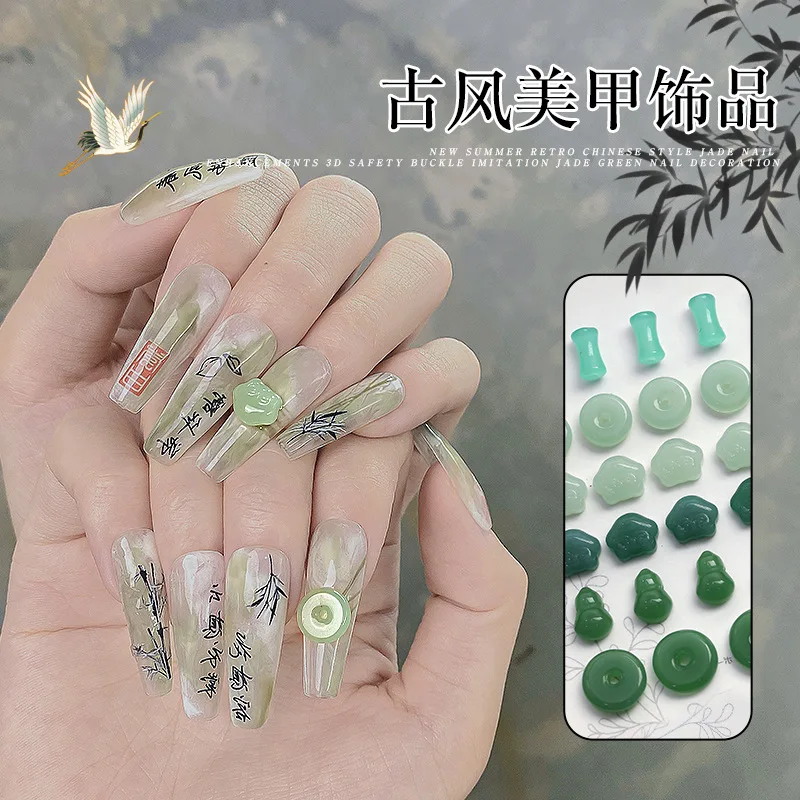 

10pcs New Retro Chinese Style Jade Nail Art Accessories Three-dimensional Peace Buckle Imitation Jade Green Nail Decoration