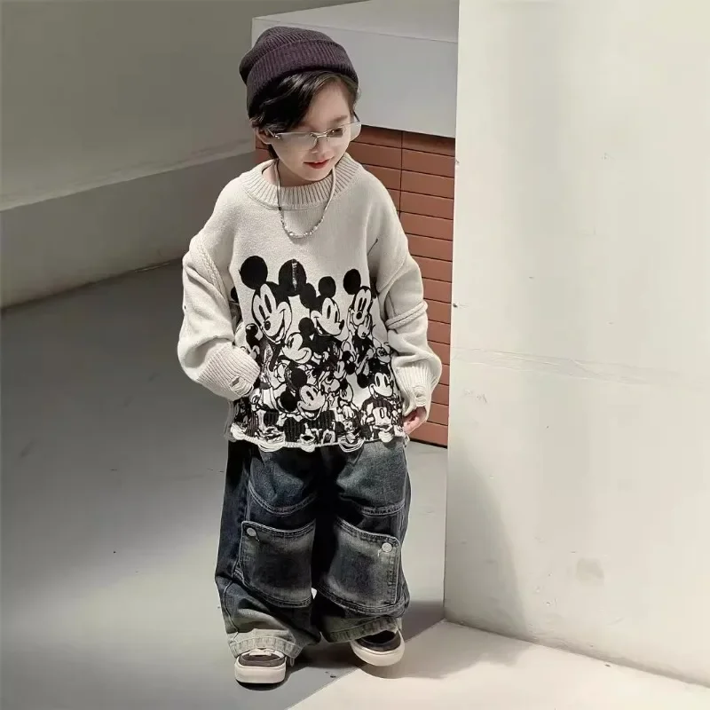 Korea Kids Baby Boy Knitted Sweater Cute Cartoon Mickey Mouse Printing Long Sleeves Loose Sweaters Broken Hip Hop Knit Sweater