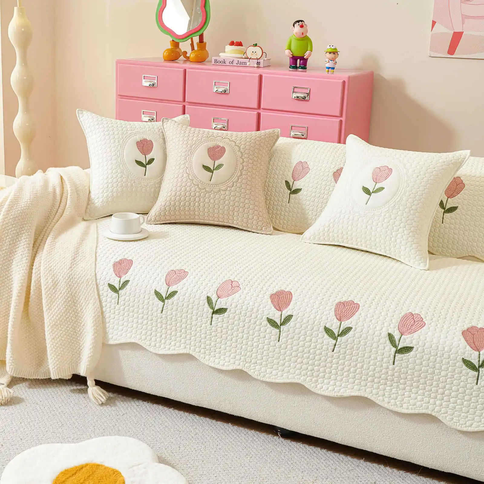 Embroidery Cream Wind Sofa Cover Cotton Non-Slip Dustproof Living Room Decoration Sofa Cushion Backrest Armrest Protect Towel