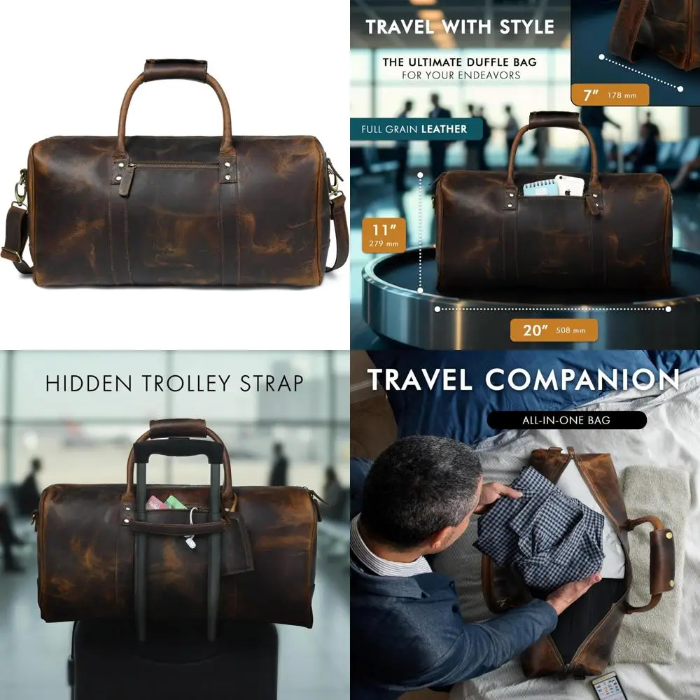 

Full Grain Leather Duffle Bag - Unisex Travel Overnight Weekender Carry-On Luggage for Gym and Sports, Antique 20-inch