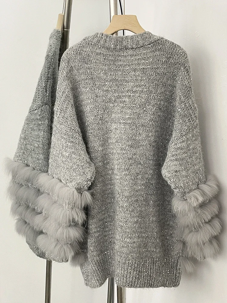 2025 femmes ample surdimensionné tricots manteau réel fourrure de renard bouton Cardigan Swrater veste femme nouveau printemps automne tricoté vêtements