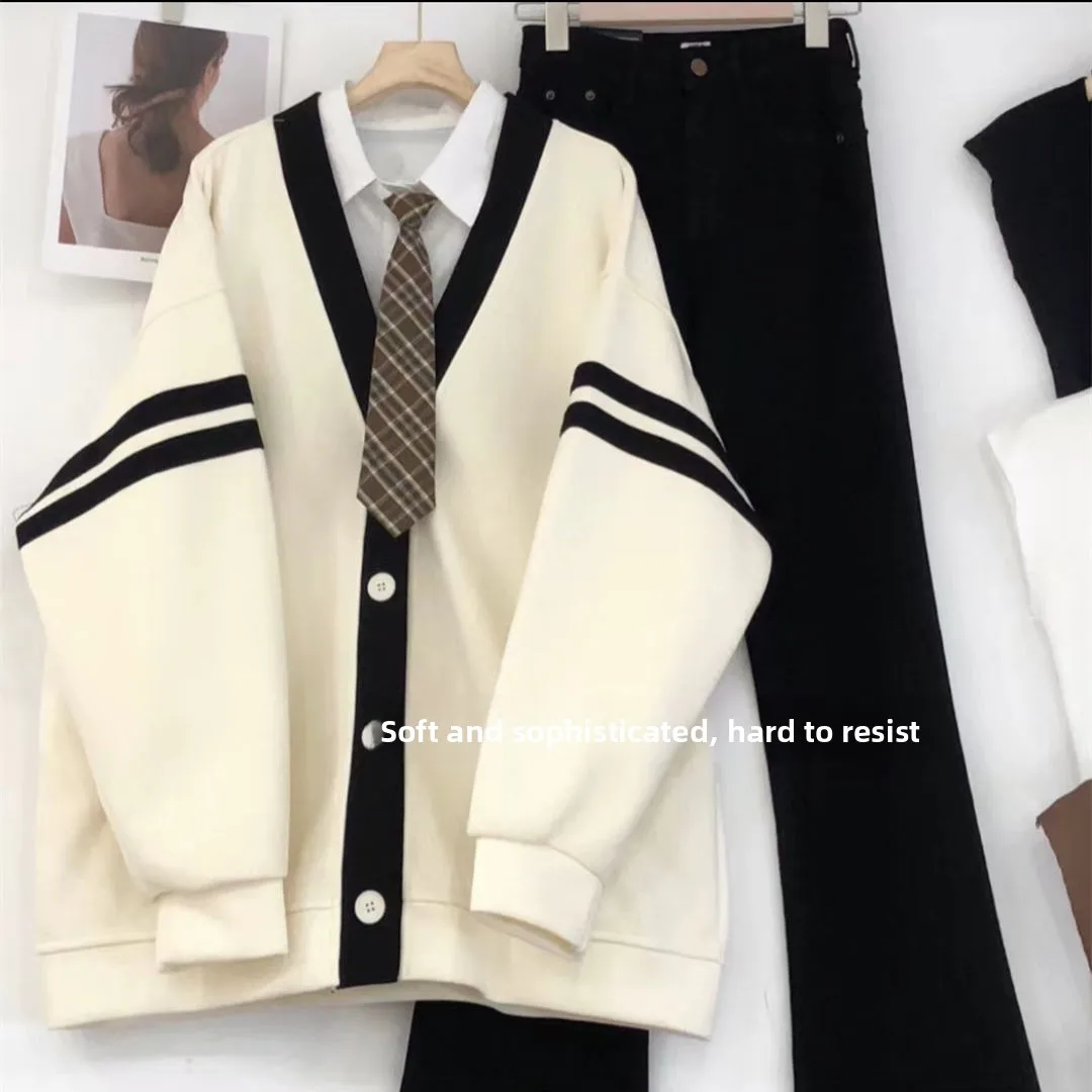 

Casual Embroidered V-Ne Loose Women's Open Cardigan Spring Autumn New Sle College Sle Two Bars Faionable Student Jaet