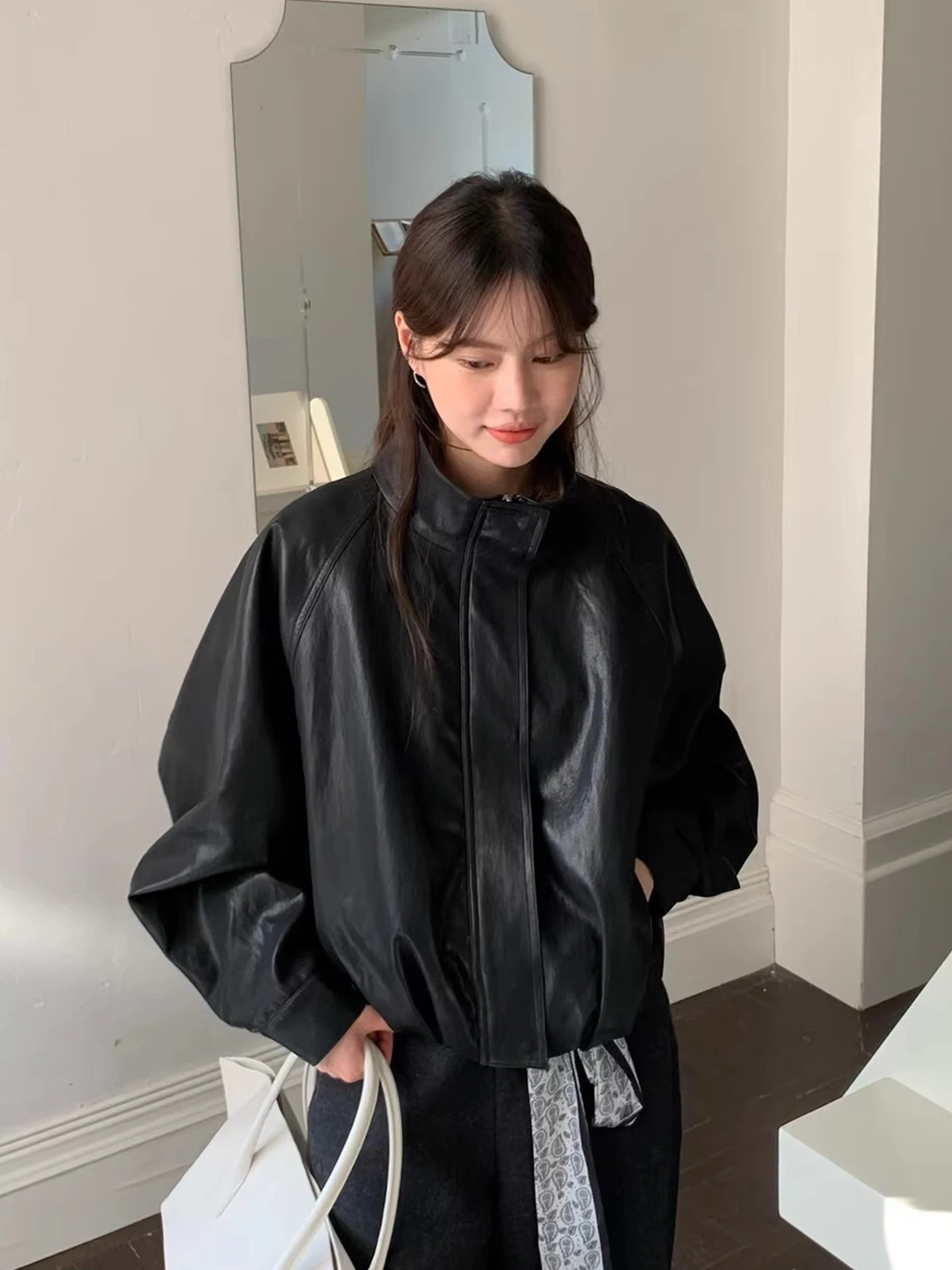 Chic Autumn New Sle Loose Fit Long Sve Stand Collar PU Leather Jaet Women's Coat with ket Trendy Commute Sle