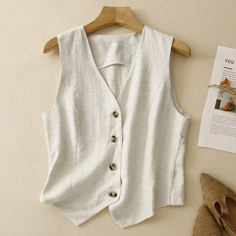 Retro linnen pakvest dames zomer losse svel open vest dunne katoenen linnen oulder pad bovenkleding top