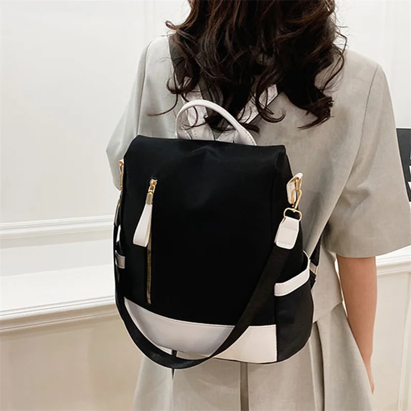 

Waterproof Oxford Cloth Stitching Women's Backpack Anti-theft Back Zipper Girls Schoolbag Casual Travel Single Shoulder Backpack