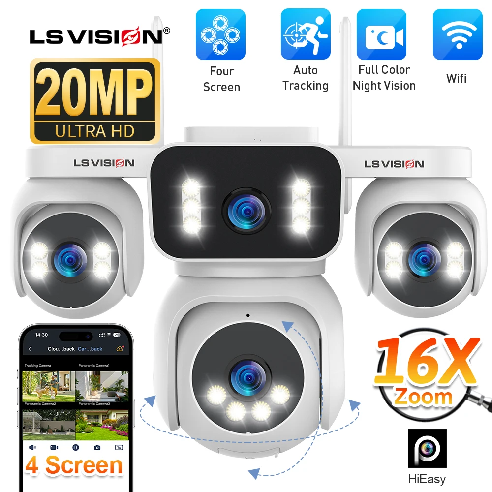 

LS VISION 20MP Four Screens WiFi IP Camera Wireless Outdoor Four Lens 16X Digital Zoom Human Auto Tracking Home Security Cameras
