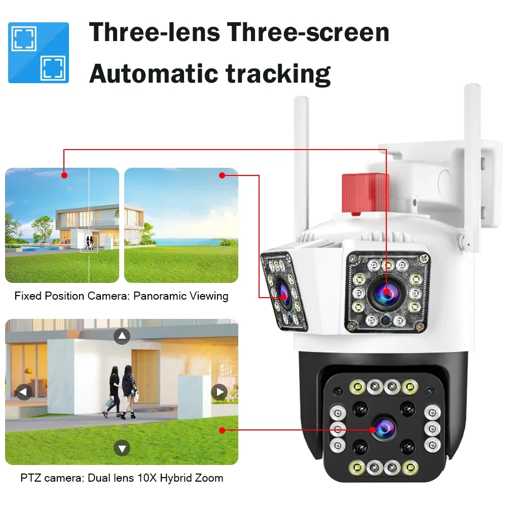 Legendsafe 6K WIFI IP Outdoor 12MP Camera Motion Tracking PTZ 4K Video Camera Three Lens Three Screen Waterproof Security System