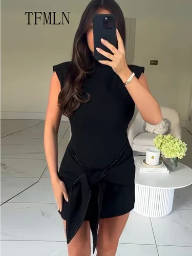 Imagen 2 del producto Minivestidos elegantes con lazo grande para mujer, vestido informal ajustado sin mangas, a la moda, con cremallera en la espalda, para fiesta, otoño 2025