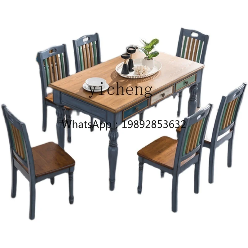 

1 American Country Mediterranean Solid Wood Dining Seat Combination Rectangle Household Dining Table