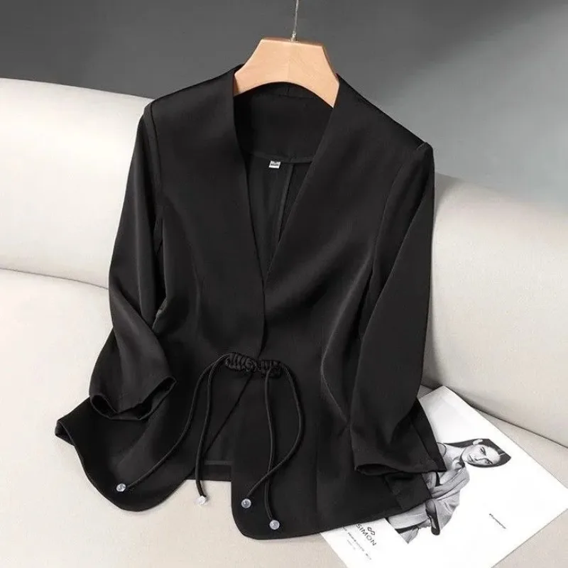 Blazer Women Thin Suit Coat Big Size Office Ladies Blazer Casual Loose Jacket High-end Women Clothing Coat Mujer Blacl White