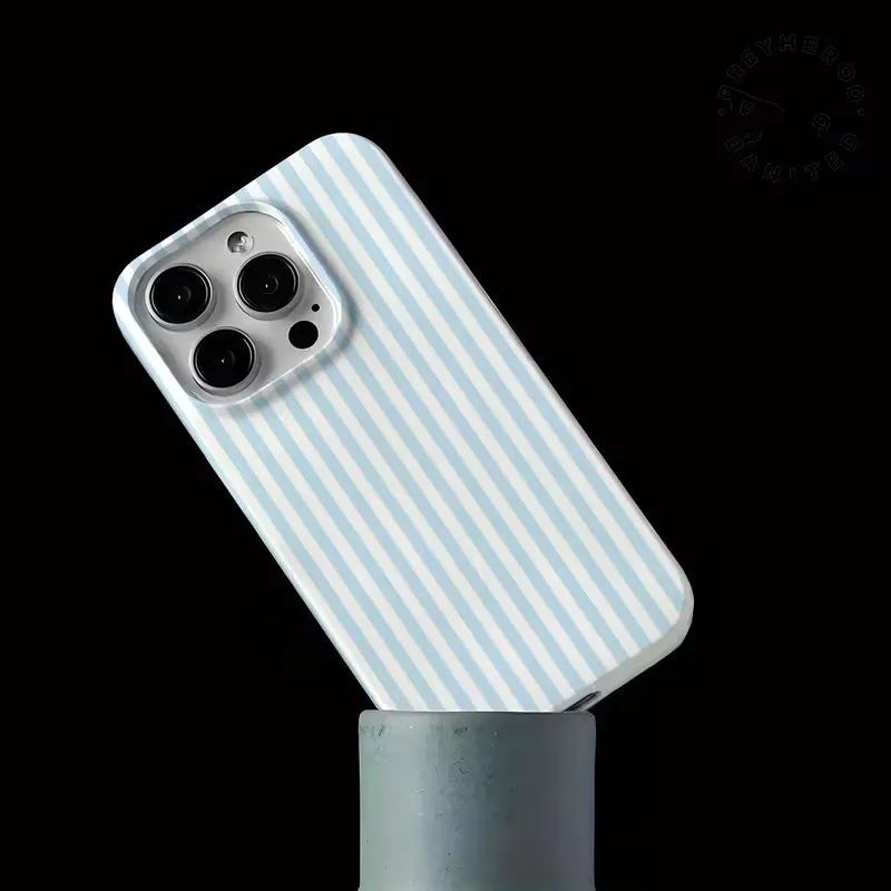 Fresh Blue and White Striped Glossy Phone Case for iPhone 11 12 13 14 15 16 17 18 Pro Max Air 16E Soft Casing Shockproof Cover