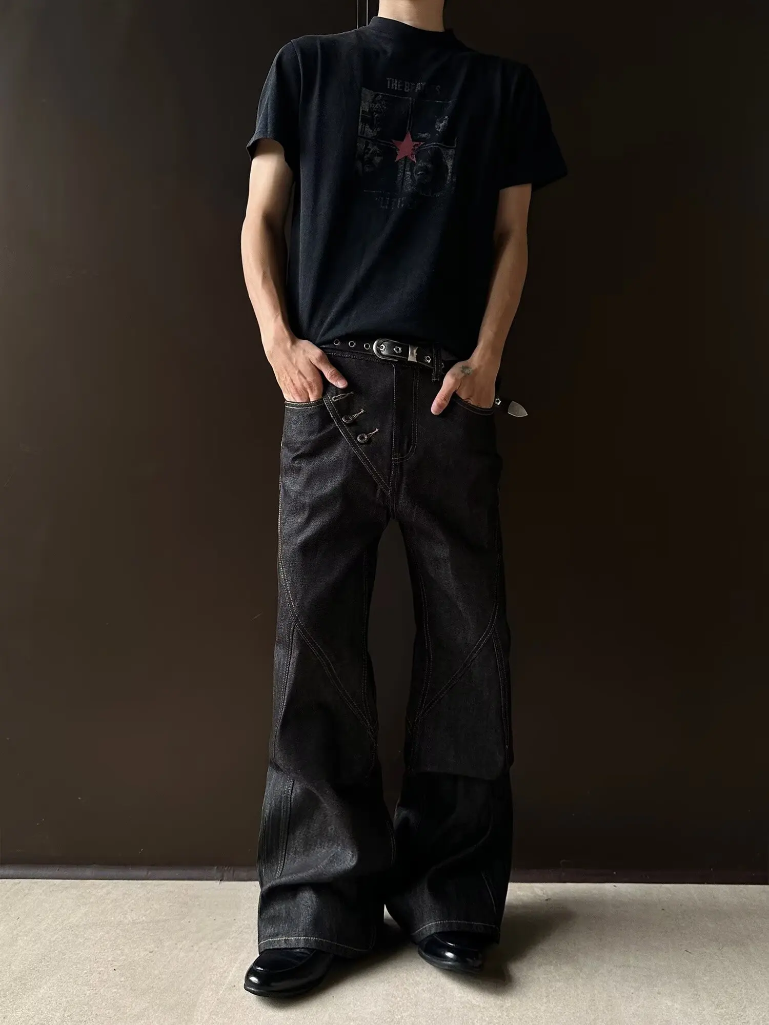 Men's Loose Straight Leg Jeans Deconstructed Side Button Original Cow Denim Men's Summer Trendy Brand Micro Flare Difference Jea