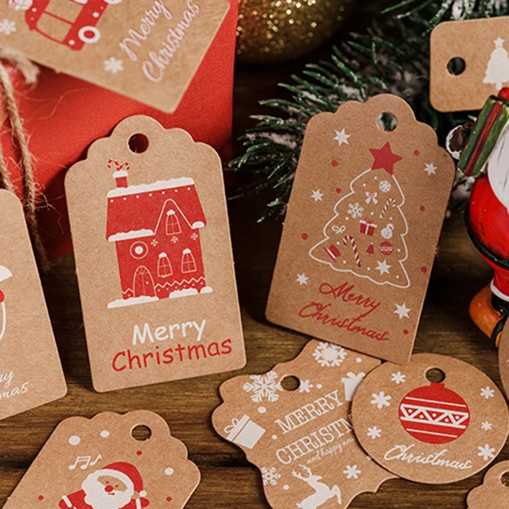 50Pcs Christmas Tags Labels Kraft Paper Merry Christmas Letter Santa Claus Gift Card Tag Xmas Tree Shape New Year Present Decor