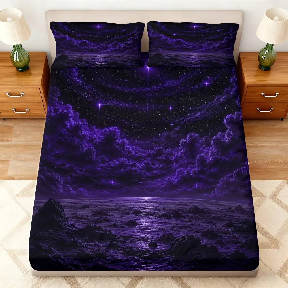 2D Flat Print Galaxy Starry Sky Bed Sheet Set, Three-Piece Space-Themed Art Bedding, Soft and Breathable Mattress Protector, Available in Various Sizes, Suitable as a Gift, Three-Piece Bedding Set (Including 1 Fitted Sheet + 2 Pillowcases), Large Capacity Deep Bed Bedding, Fitted Sheet Style, Elastic Cover, Mattress Protector, Fitted Sheet Type, Machine Washable Design, Holiday Decoration, Various Sizes, Breathable Protector Plus Pillowcase