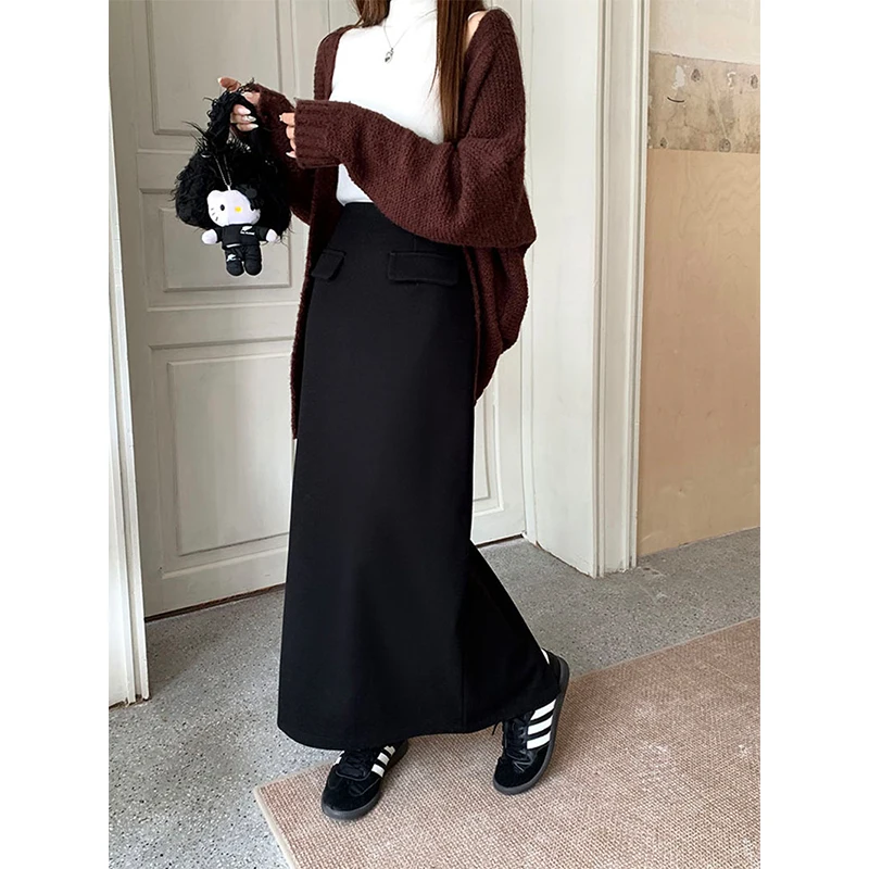 MEXZT Vintage Slit Midi Skirts Women Woolen Split A Line Skirt Streetwear Korean High Waist Solid Slim Chic Skirts Autumn Winter