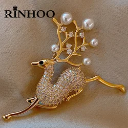 Rinhoo Cute Full Rhinestone Deer Brooches For Women New Year Decorative Imitation Pearl Animal Elk Lapel Pins Christmas Jewelry