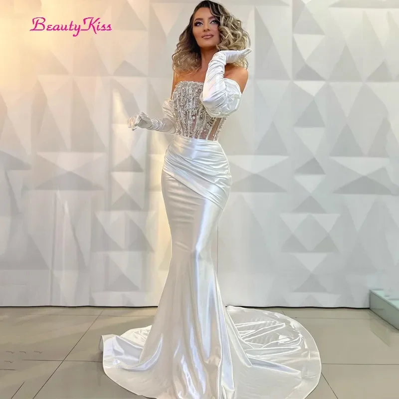 Sexy Wedding Dresses Mermaid Strapless White Bride Dress Beadings Sweep Train Princess Wedding Evening Gowns Plus Size