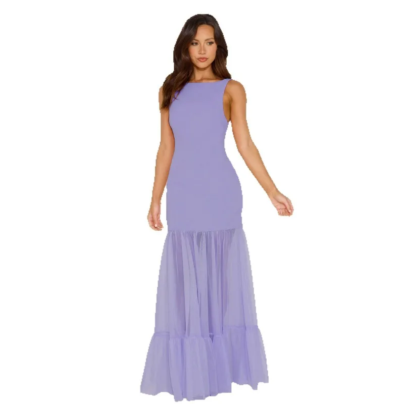 Vestido largo con panel transparente - Vestido de noche elegante sin mangas