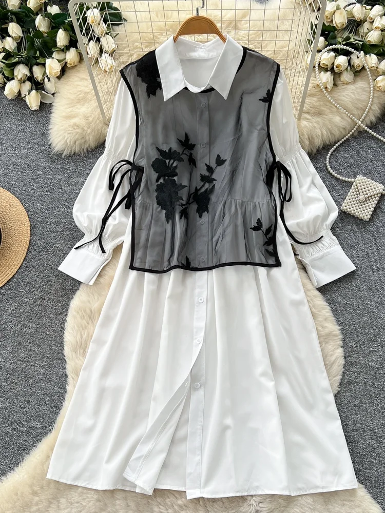 

Women's Gentle Wind Collar Long Sleeve Shirt Dress Vest Two-Piece Set Spring Layering Korean Style Fashion Outfit