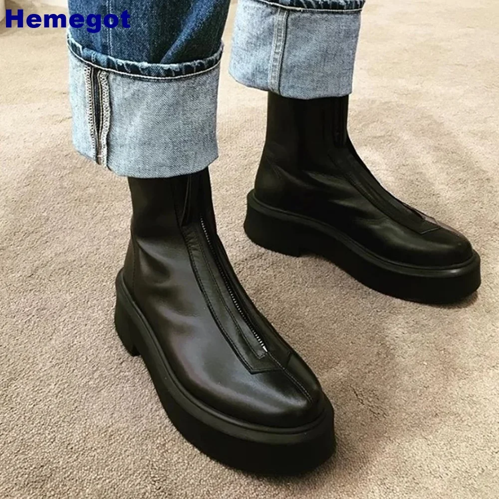 Botas curtas de couro genuíno estilo britânico 2024 primavera ao ar livre casual escritório dedo do pé redondo zip sola grossa botas moda feminina