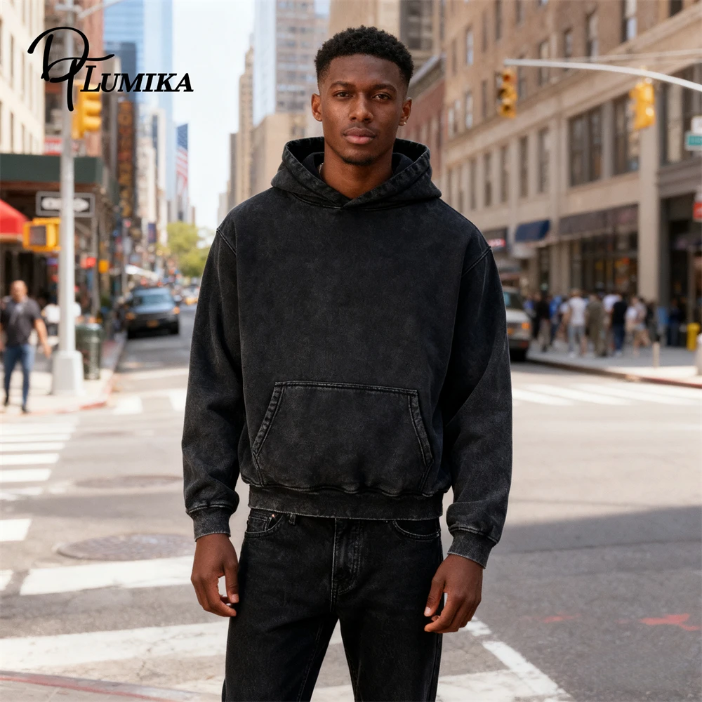 

DTLumika-Men's Washed Distressed Hoodie Long Sleeve Pullover Hooded Sweatshirt with Pocket Casual Streetwear Fashion Loose Fit