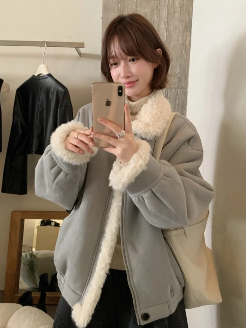 

Korean Sle Thiened Warm Lamb Fur Collar Inteated Leather And Fur Women's Coat for Winter Versatile Gentle Sweet Aosphere
