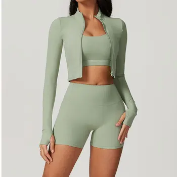 3PCS Yoga Set Women Workout Sets Sportswear Gym Clothing Fitness zipper Long Sleeve High Waist Leggings Sports Suits Yoga Suit 1