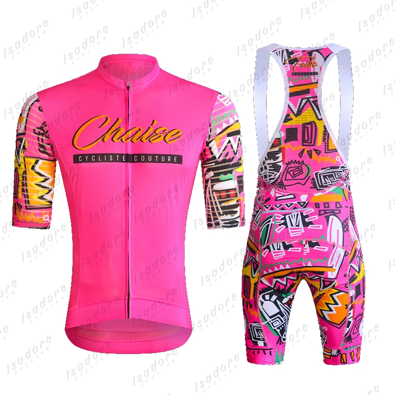 Chaise Pink Jersey Set Mens Cycling Clothing Short Sleeve Kit Race Riding Uniform Summer Road Bike Ropa Ciclismo Hombre 2023 New