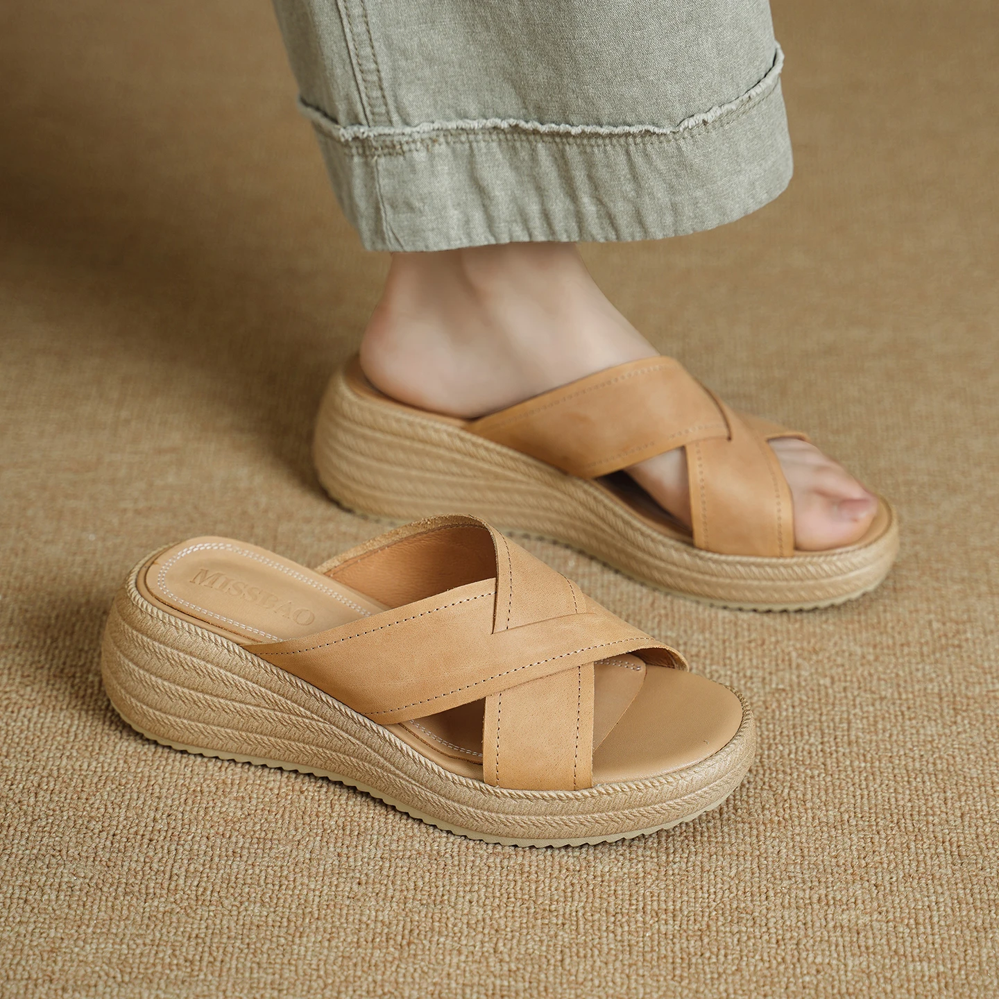 2026 new summer women sandals natural leather 22-24.5cm cowhide+pigskin cross-strap mules high heel women slippers fashion
