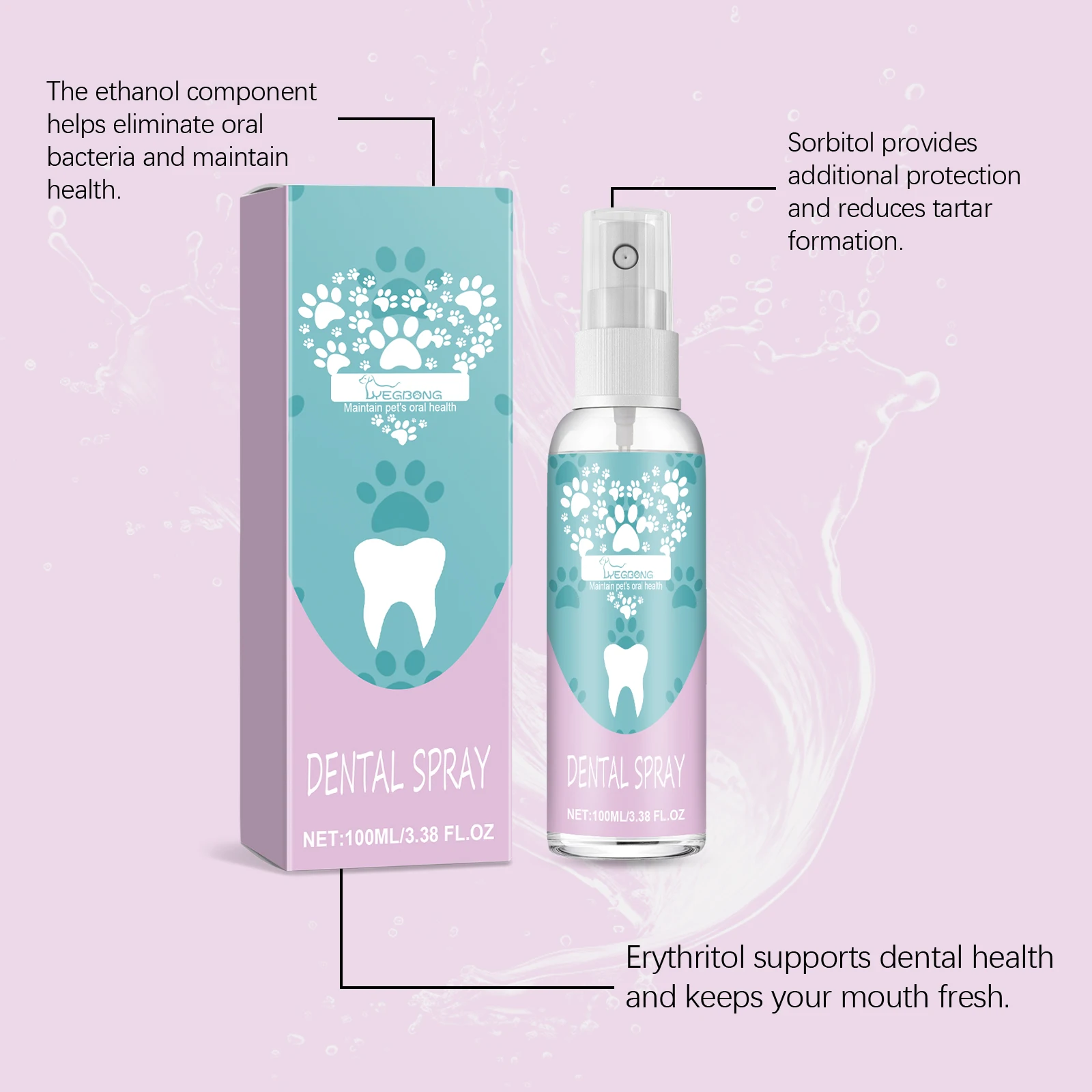 100ML Dental Care Spray Deep Cleaning Teeth Stains Eliminate Bad Breaths Anti-yellow Promote Gum Health Pet Oral Care Spray