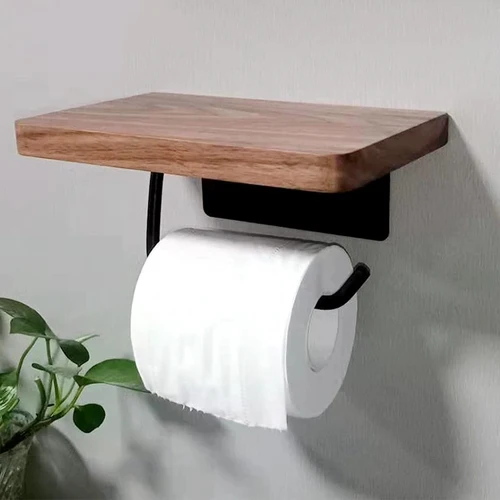Soporte de papel higiénico con estante de madera de nogal Natural, colgador de rollo de papel, barra de toalla de papel montada en la pared, papel de acero inoxidable 304