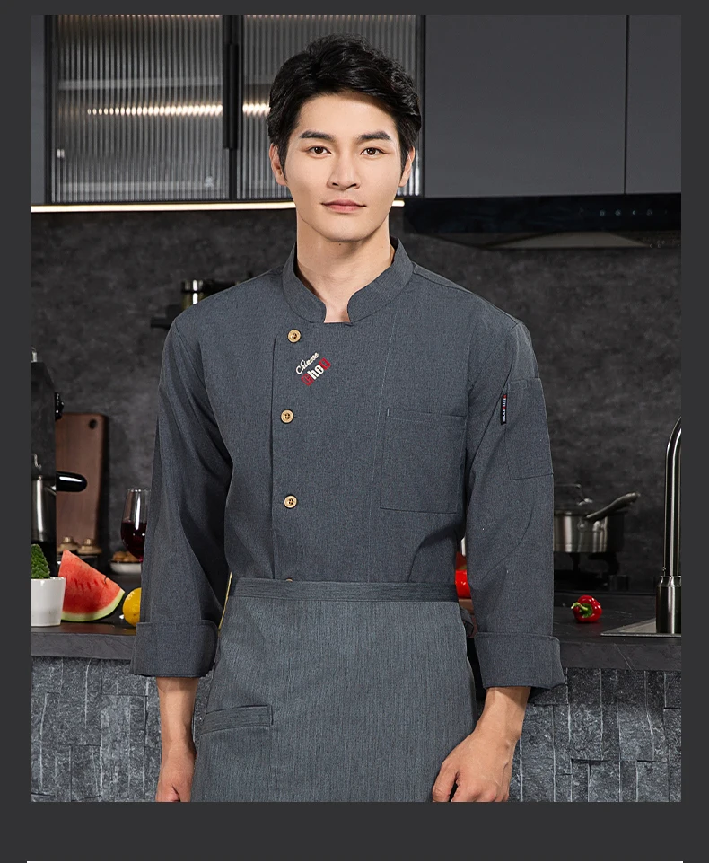 Veste de chef respirante à manches longues pour hommes et femmes, manteau de chef gris, uniforme de cuisine de restaurant, tablier noir, vêtements de travail, logo