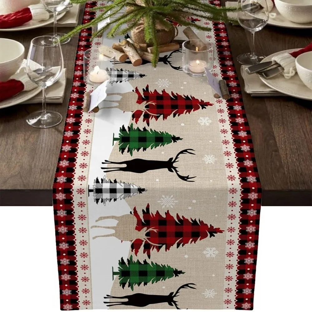 Linen Christmas Table Runner Snowflake Santa Claus Christmas Table Flag Desk Decor Snowman Xmas Tablecloth Dining Table