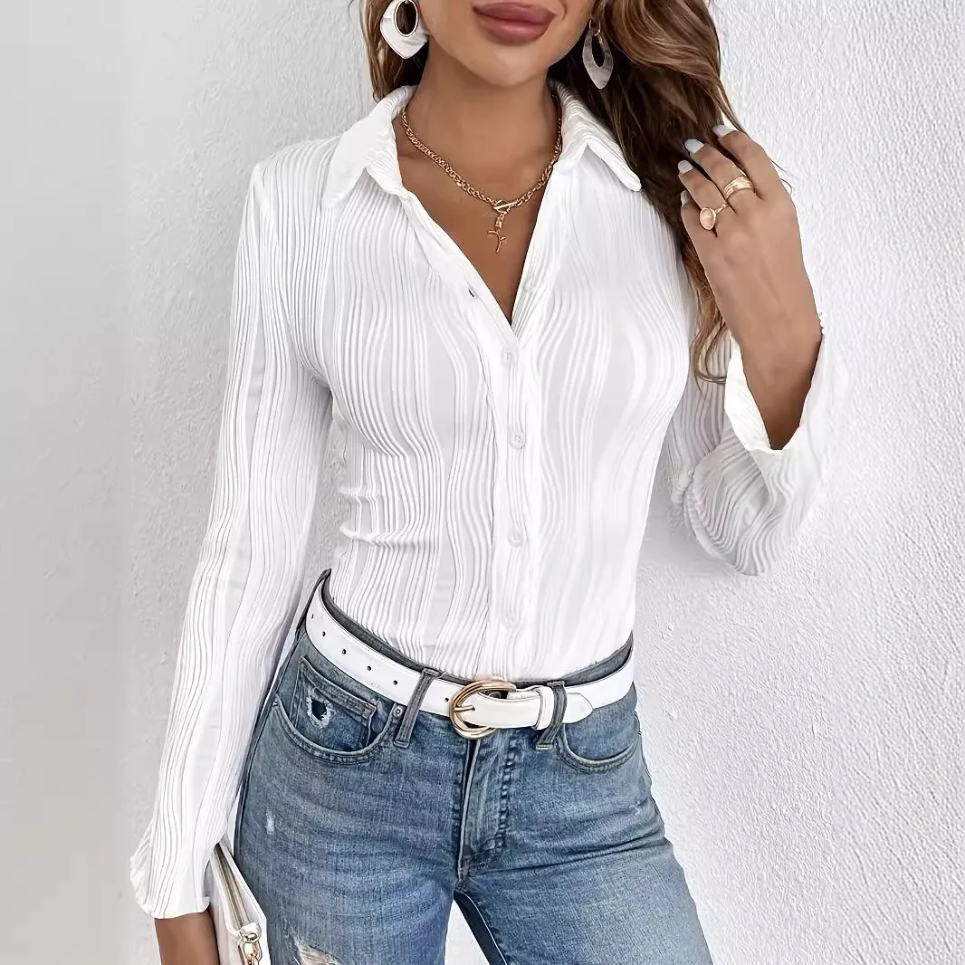 Luxury Women Long Sleeve White Shirt Slim Office Lady Blouse Button Up Wave Texture Cross-border Design Tops High-end Shirts