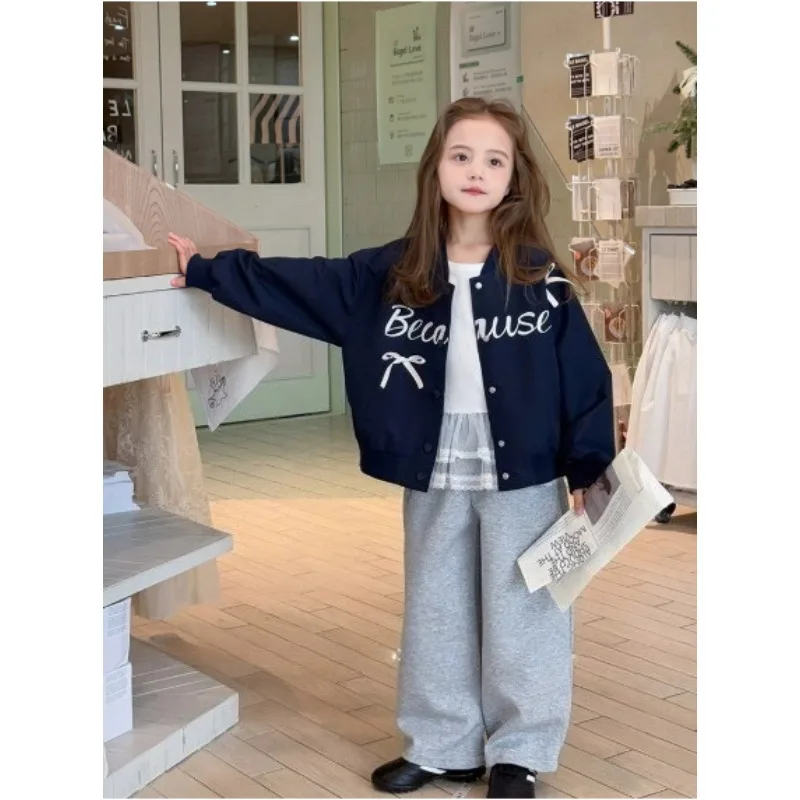 

Girl's Spring Autumn Coat 2025 Fashion New Long Sleeve Bow Baseball Jersey Infant Jacket Top 1-10Y Kids Letter Baseball Uniform