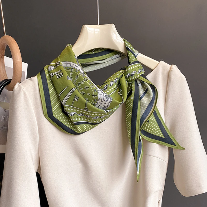 Summer Light Thin Imitation Silk Diamond Scarf Key Print Temperament Green Small Neck Scarf Shirt Scarves Women Neck Protection