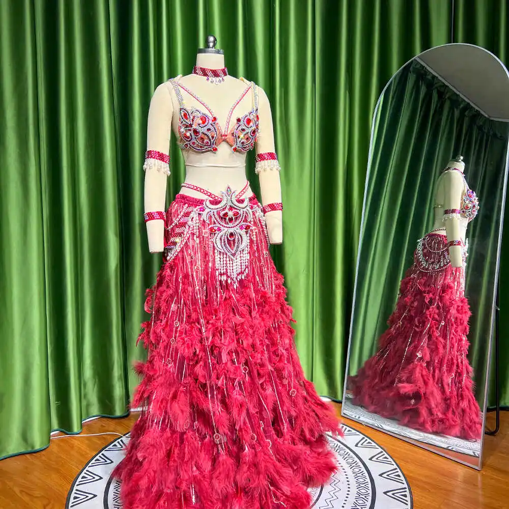 Customized Eastern Belly Dancewear Women Clothes Tassel Belly Dancing Bra Skirt Belt Oriental Dance Costume Group Stage Suit Set