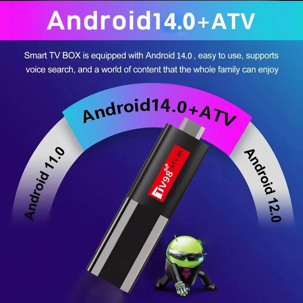 Tv98 atv mini tv vara android 14 suporte 8k vídeo 4k bt5.0 wifi 6 allwinner h618 quad core cortex a53 voz remoto caixa de tv inteligente