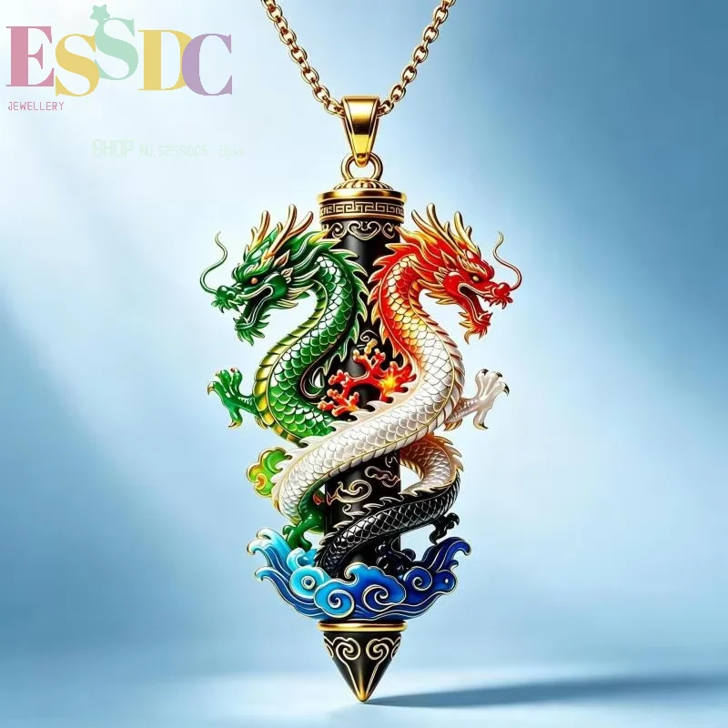 Enhance aura and atmosphere enamel double dragon pendant around the column men's gilt dragon pendant good luck wealth