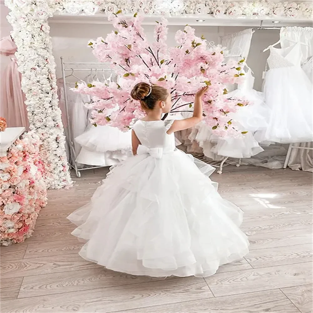 White Flower Girl Dresses Satin Top Ruffled Crystal Belt  First Communion 2024 Birthday Prom Party Princess kids Costume