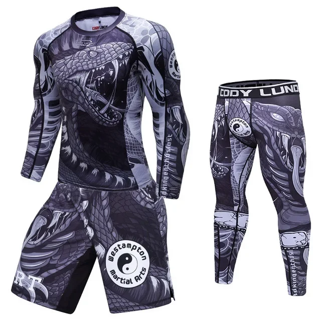 Snake Men MMA Rashguard Jiu Jitsu Jerseys+Pant Set MMA Thair T-shirt Shorts BJJ Boxing 4Pcs/Set Rash Guard Fightwear Sportsuit