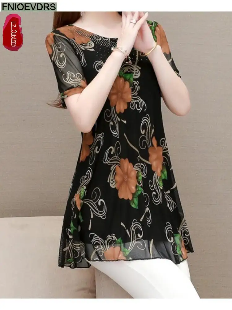 2022 Summer Short Sleeve Loose Lazy Clothes Floral Women Vintage Blouses Long Shirt Female Casual Peplum Tunic Retro Sequin Tops