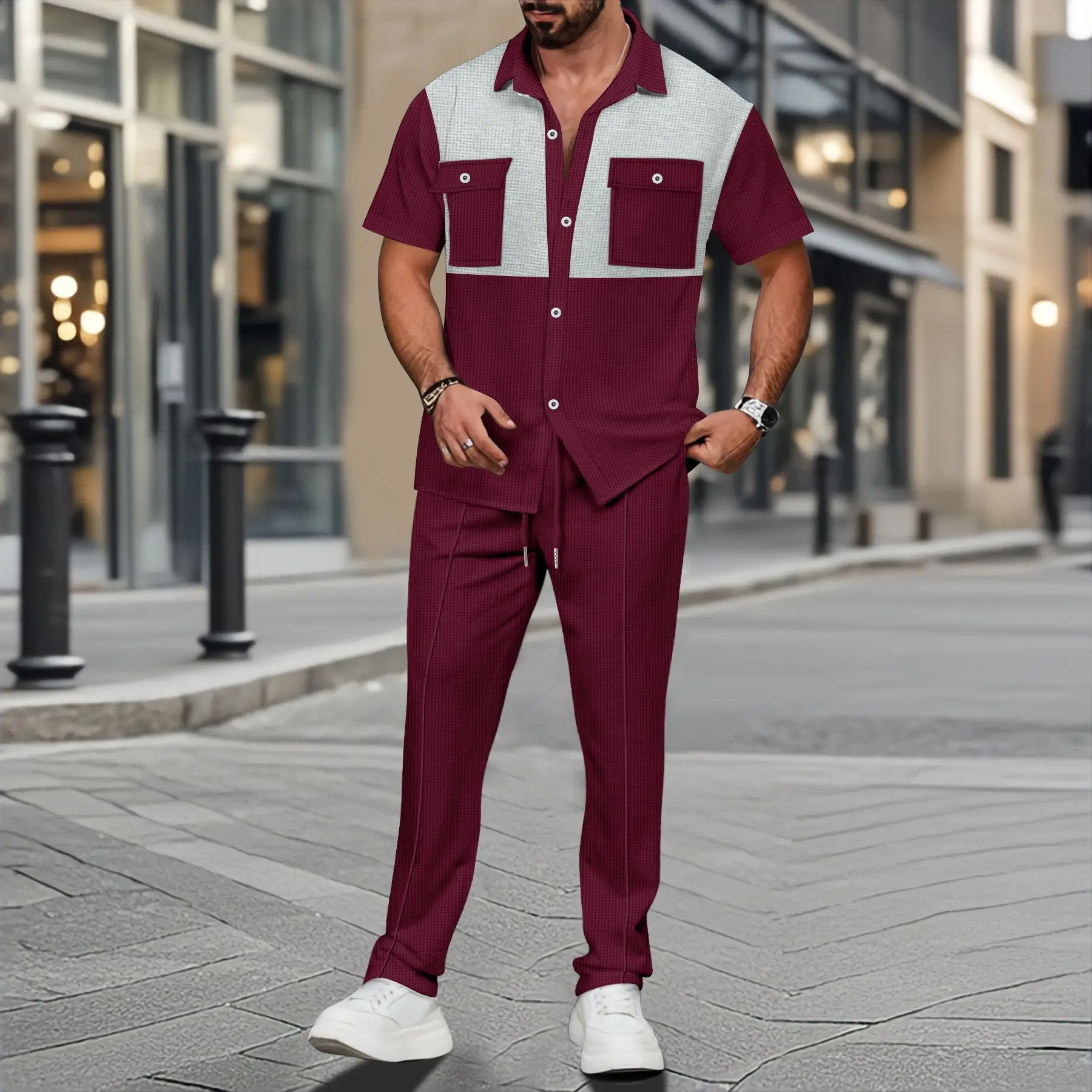 Men's Spring Four-Piece Button-Down Pocket Color-Block Short-Sleeved Shirt And Pants Set Casual Slim Fit Clothing