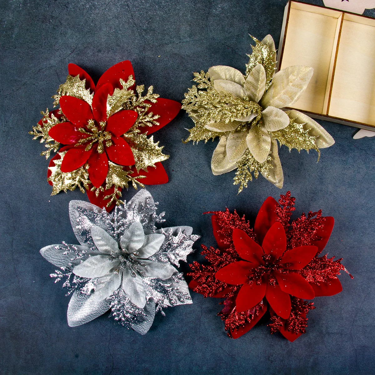 

5/10Pcs Artificial Christmas Flowers Xmas Tree Ornaments Fake Glitter Xmas Flowers Chritsmas Decoration for Home New Year Gift