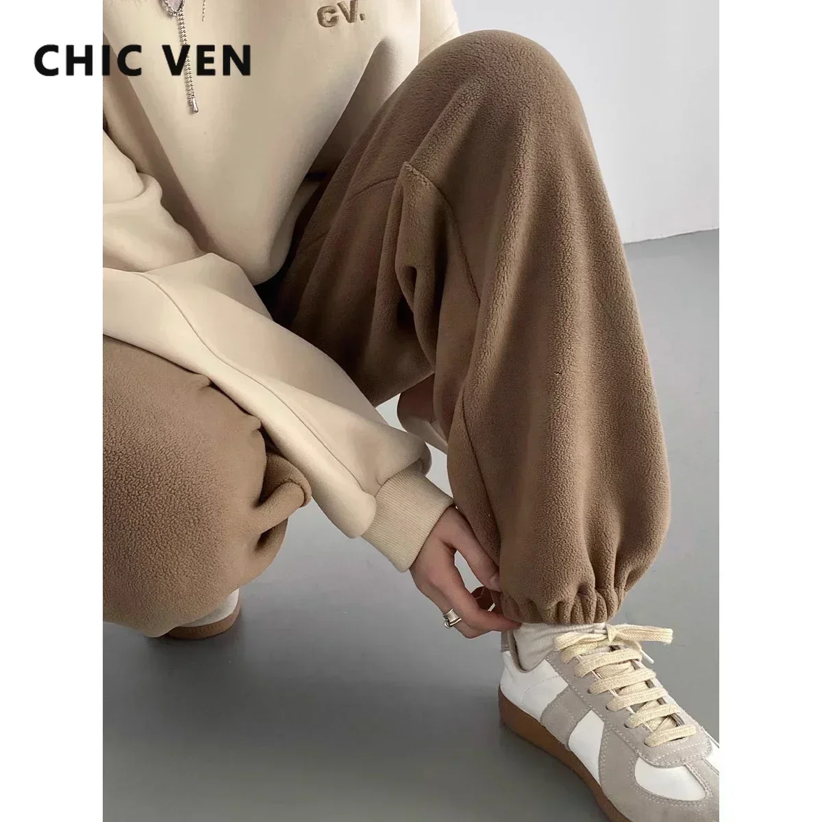 CHIC VEN Women's Pant Loose Casual New High Waist Fleece Pant Thick Plush Warm Female Sports Trousers Autumn Winter 2023